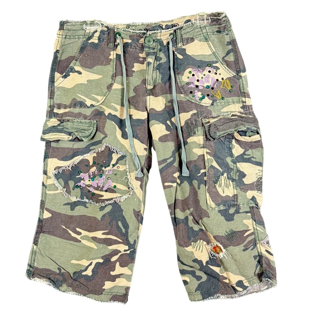 Y2K By Deep Los Angeles 90s Baggy Camo Cargo Pant Crop Grunge Patch Embellish, M